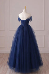 A-line Navy Blue Off Shoulder Long Prom Dress, Sweetheart Tulle Navy Blue Party Dress