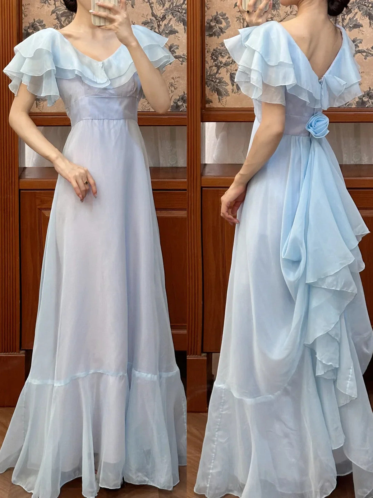 Baby Blue Long Prom Dress with Ruffled Sleeves, A-Line Evening Gown Wedding Party Dress