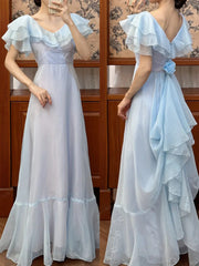 Baby Blue Long Prom Dress with Ruffled Sleeves, A-Line Evening Gown Wedding Party Dress