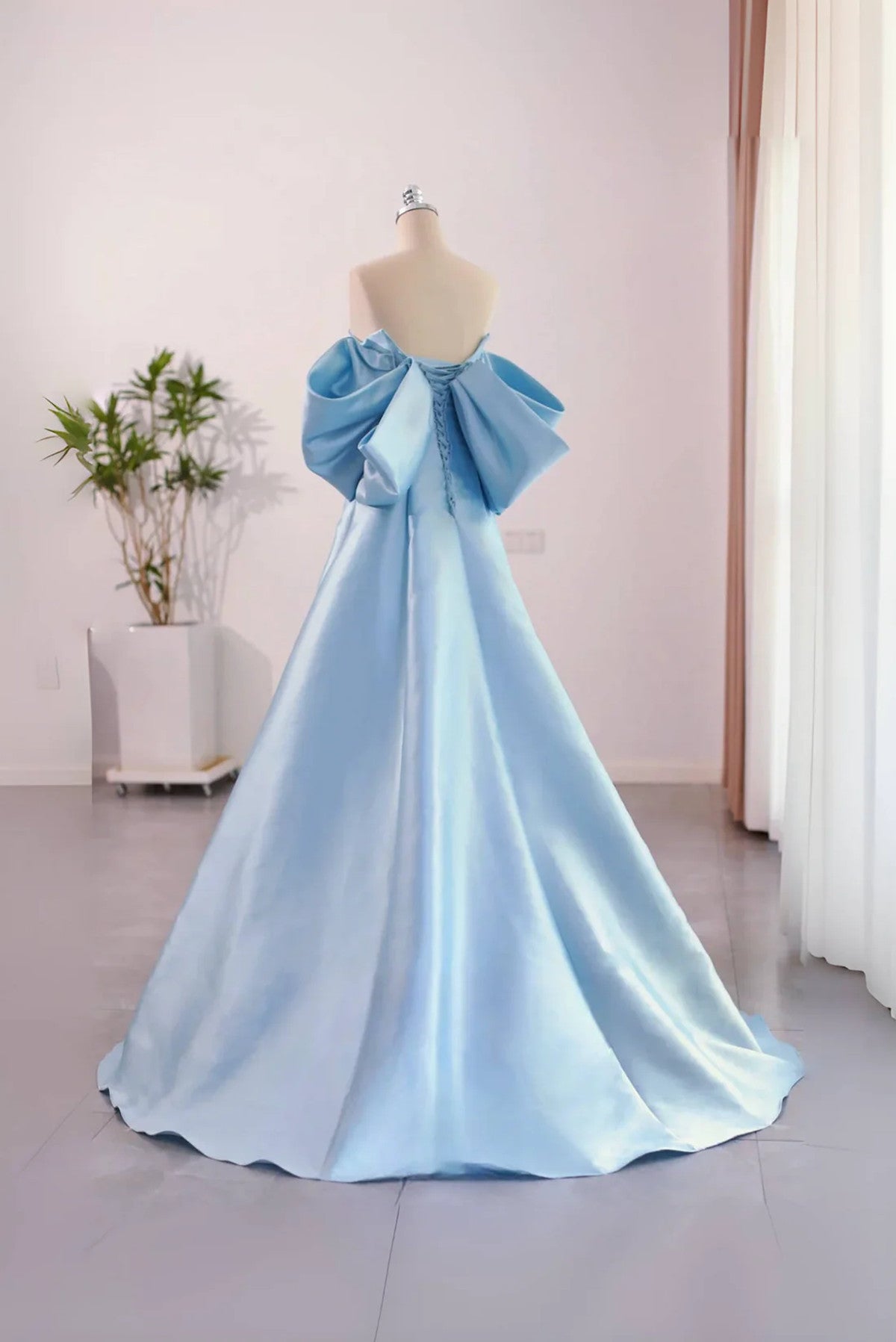 A-line Off Shoulder Blue Satin Long Evening Dress, Blue Prom Dress
