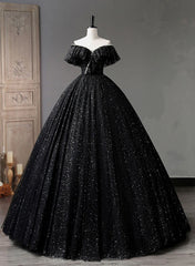 Black A-line Tulle Off Shoulder Beaded Party Dress, Black Shiny Tulle Prom Dress