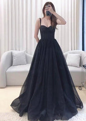 A-line Black Tulle Sweetheart Straps Long Party Dress, Black Tulle Prom Dress