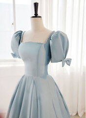 A-line Blue Satin Short Sleevs Long Formal Dress, Blue Simple Floor Length Prom Dress