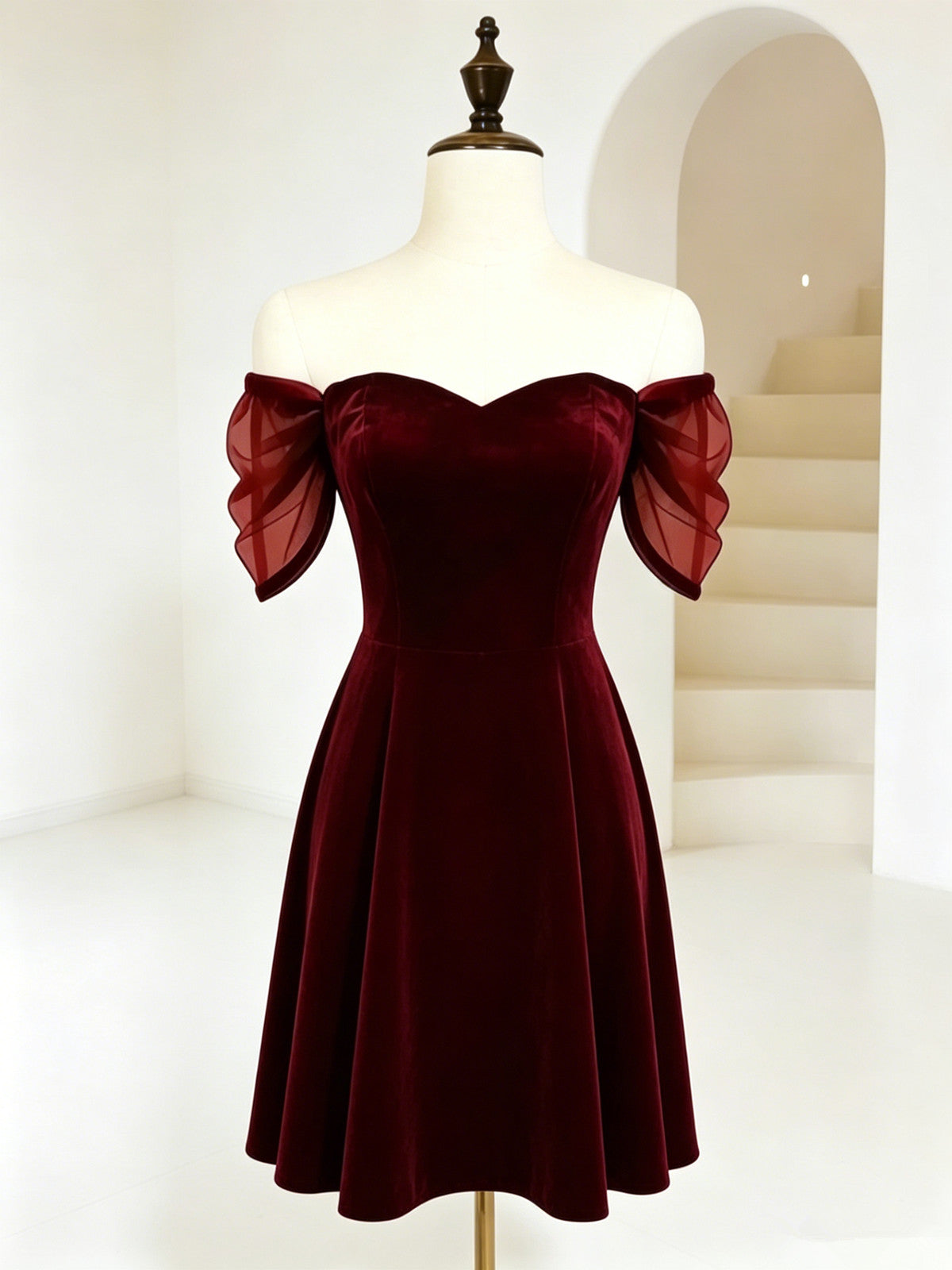A-line Short Velvet Sweetheart Homecoming Dress, Wine Red Off Shoulder Short Party Dress