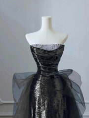 Black A-line Sequins with Tulle Long Formal Dress, Black Sequins Floor Length Prom Dress
