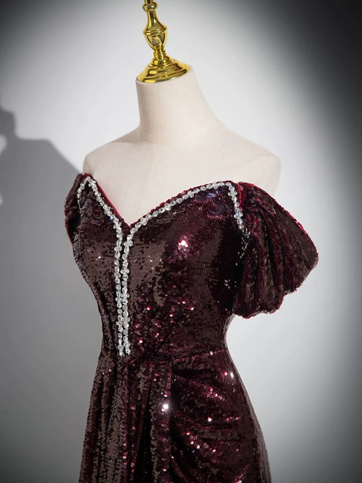 A-line Maroon Sequins Beaded Long Party Dress, Maroon Simple Prom Dress