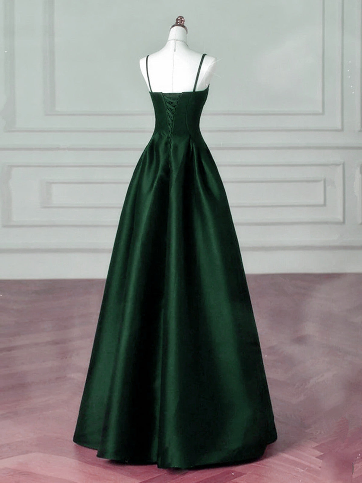 A-line Dark Green Satin Straps Long Party Dress, Green Satin Prom Dress