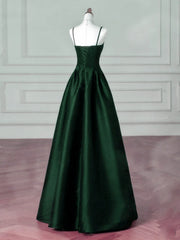 A-line Dark Green Satin Straps Long Party Dress, Green Satin Prom Dress