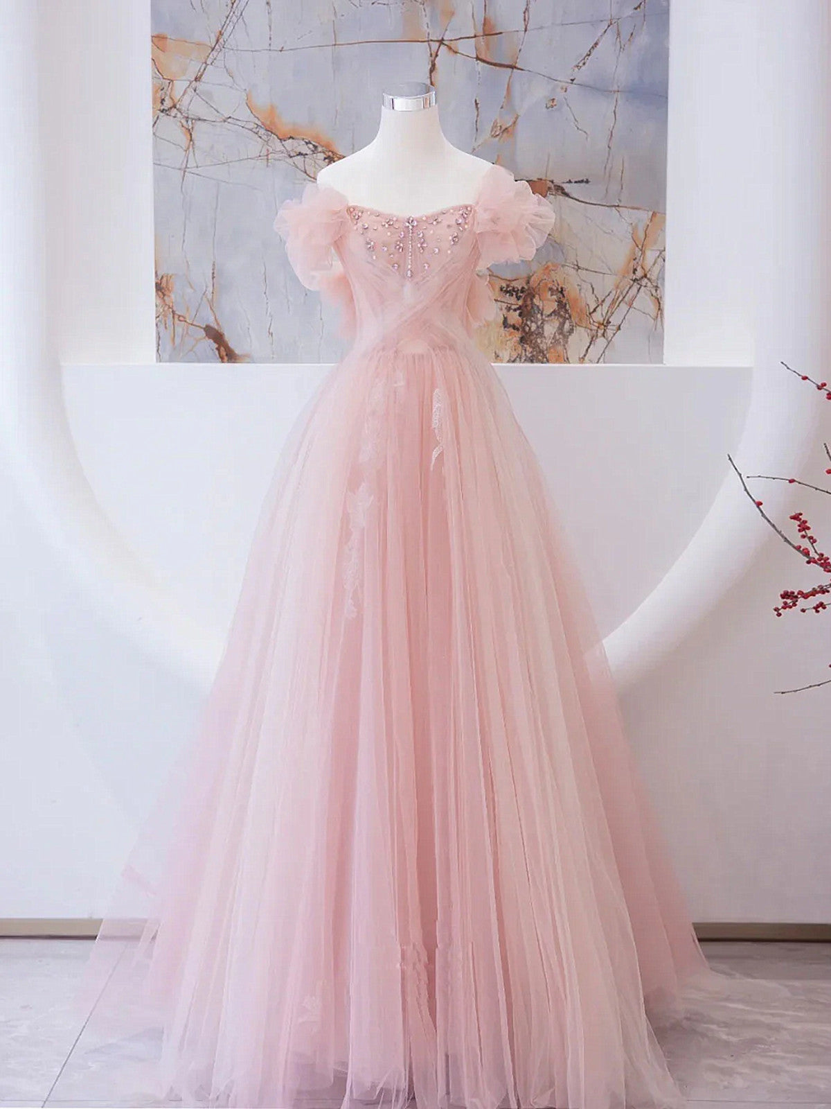 A-line Light Pink Tulle Beaded Off Shoulder Party Dress, Pink Tulle Prom Dress