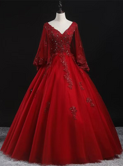 Beautiful Tulle with Lace Applique Beaded Sweet 16 Dress, V-neckline Long Formal Dress