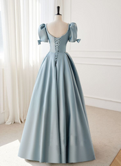 A-line Blue Satin Short Sleevs Long Formal Dress, Blue Simple Floor Length Prom Dress