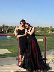 Black And Red V-Neckline Beaded Long Formal Dress, Black And Red Tulle Prom Dress