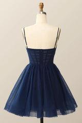 A-line Navy Blue V-neckline Straps Homecoming Dress, Navy Blue Knee Length Short Party Dress
