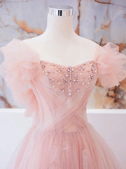 A-line Light Pink Tulle Beaded Off Shoulder Party Dress, Pink Tulle Prom Dress