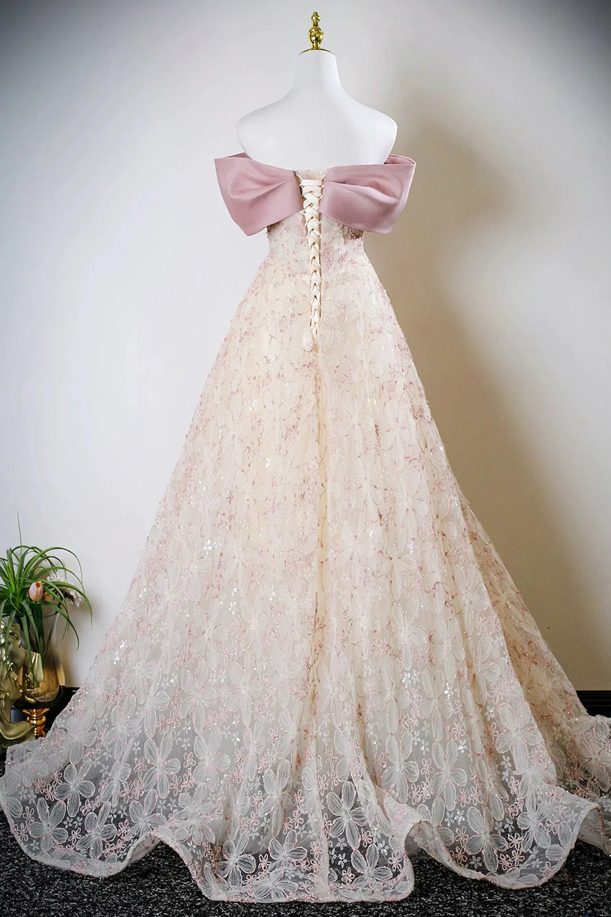 Beautiful Pink Satin and Lace Off Shoulder Formal Dress, A-line Pink Long Prom Dress