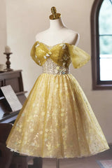 A-line  Floral Tulle Knee Length Prom Dress, Sweetheart Off Shoulder Homecoming Dress