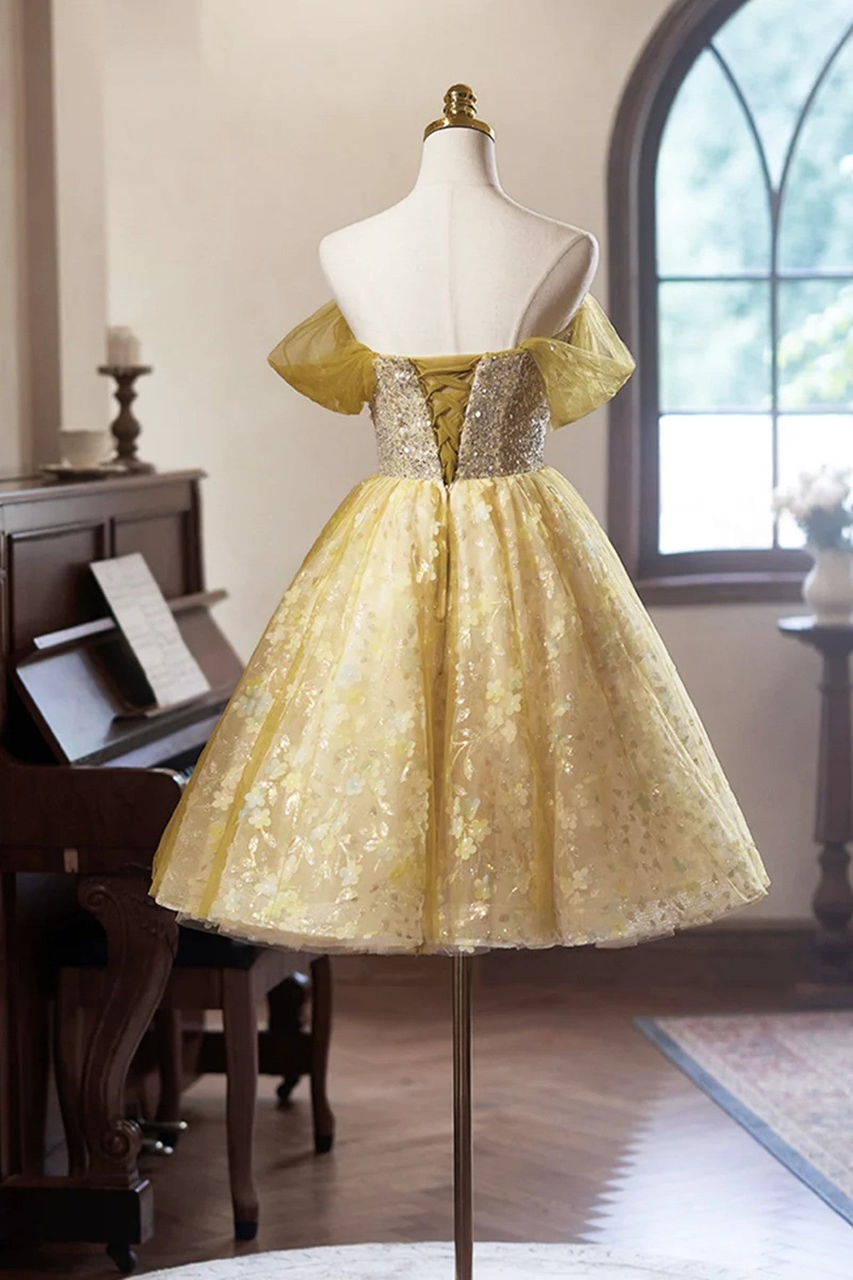 A-line  Floral Tulle Knee Length Prom Dress, Sweetheart Off Shoulder Homecoming Dress