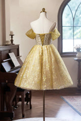 A-line  Floral Tulle Knee Length Prom Dress, Sweetheart Off Shoulder Homecoming Dress