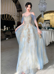 Beautiful Light Blue V-neckline Long Lace Applique Formal Dress, Blue Evening Gown