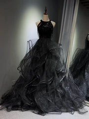 Black Halter Sequins and Tulle Beaded Prom Dress, Black Chic Long Party Dress Evening Dress