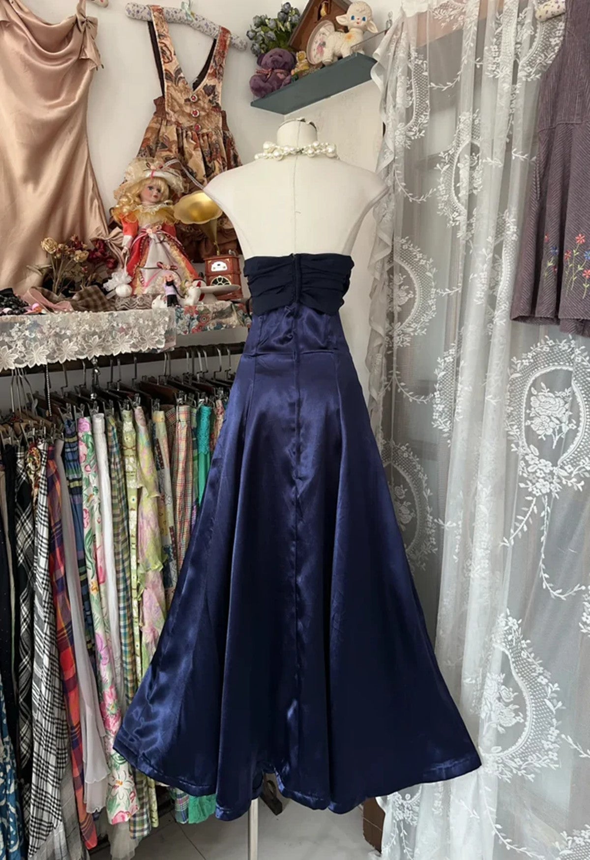 A-line Navy Blue Simple Strapless Long Prom Dress, Navy Blue Floor Length Evening Dress