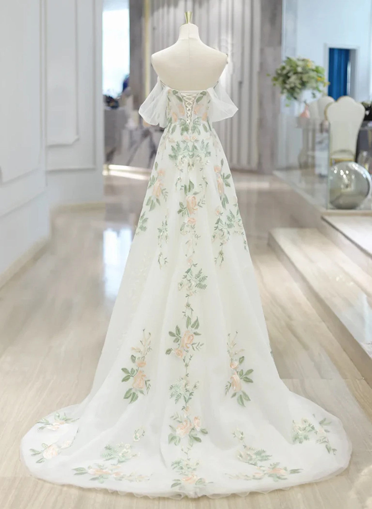 A-line Ivory Tulle with Flower Lace Wedding Party Dress, Ivory Formal Dress