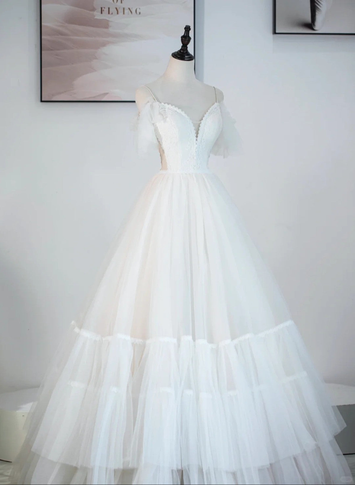 A-line Ivory Tulle V-neckline Straps Off Shoulder Party Dress, A-line Tulle Eveing Dress