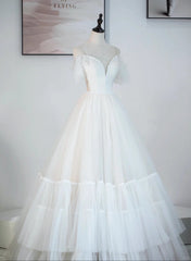 A-line Ivory Tulle V-neckline Straps Off Shoulder Party Dress, A-line Tulle Eveing Dress