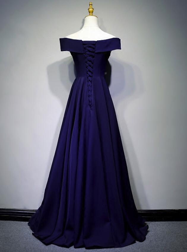 Beautiful Navy Blue A-line Spandex Long Prom Dress, Off Shoulder Bridesmaid Dress
