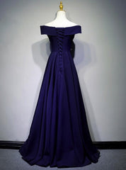 Beautiful Navy Blue A-line Spandex Long Prom Dress, Off Shoulder Bridesmaid Dress
