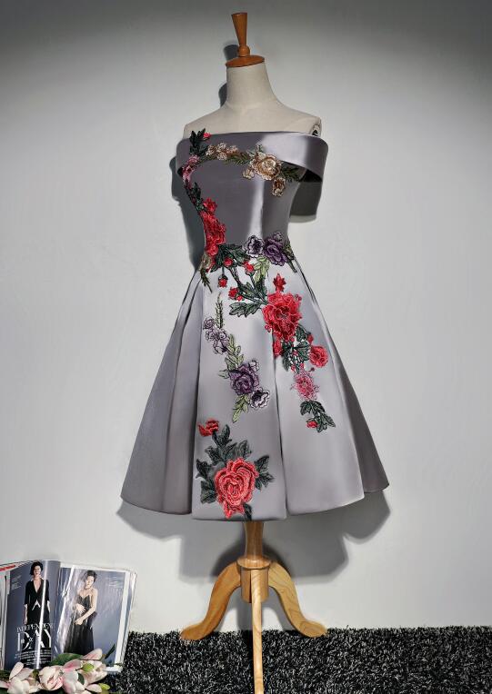 Beautiful Satin Short Flower Off Shoulder Bridesmaid Dress, Cute Homecoming Dress