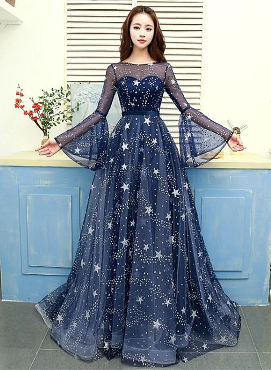 A-line Navy Blue Round Neckline Long Party Dress, Navy Blue Long Prom Dress