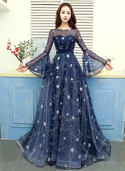 A-line Navy Blue Round Neckline Long Party Dress, Navy Blue Long Prom Dress