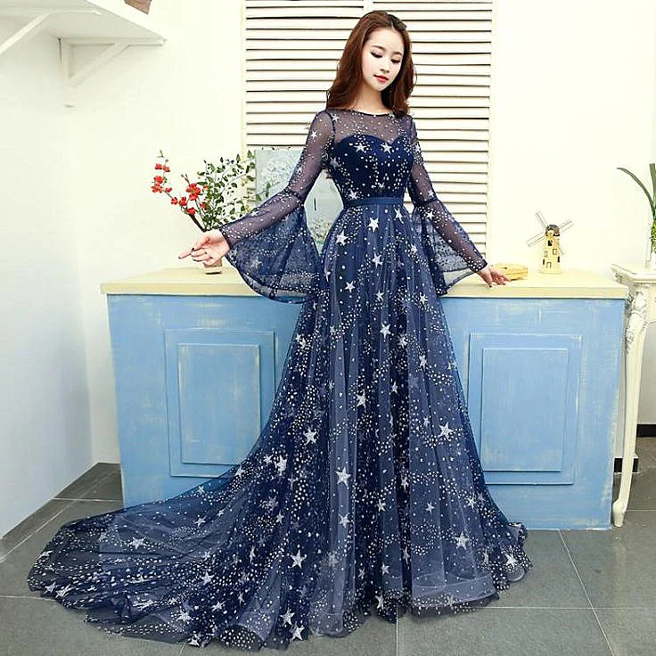 A-line Navy Blue Round Neckline Long Party Dress, Navy Blue Long Prom Dress