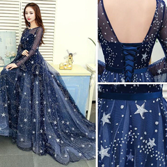 A-line Navy Blue Round Neckline Long Party Dress, Navy Blue Long Prom Dress