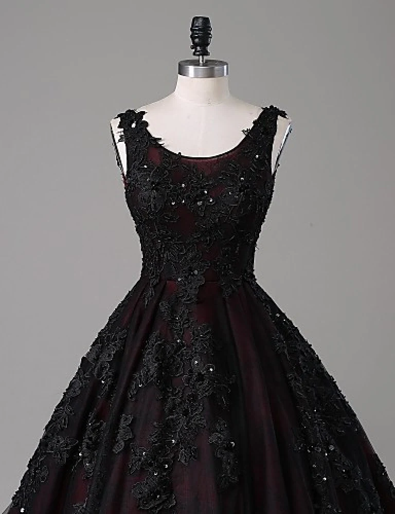 Black and Red Backless Tulle Long Formal Gown, Black and Red Long Prom Dress