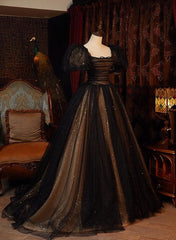 A-line Black and Champagne Tulle Long Party Dress, Tulle Prom Dress Evening Dress