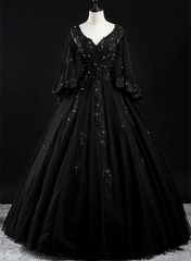 Beautiful Tulle with Lace Applique Beaded Sweet 16 Dress, V-neckline Long Formal Dress