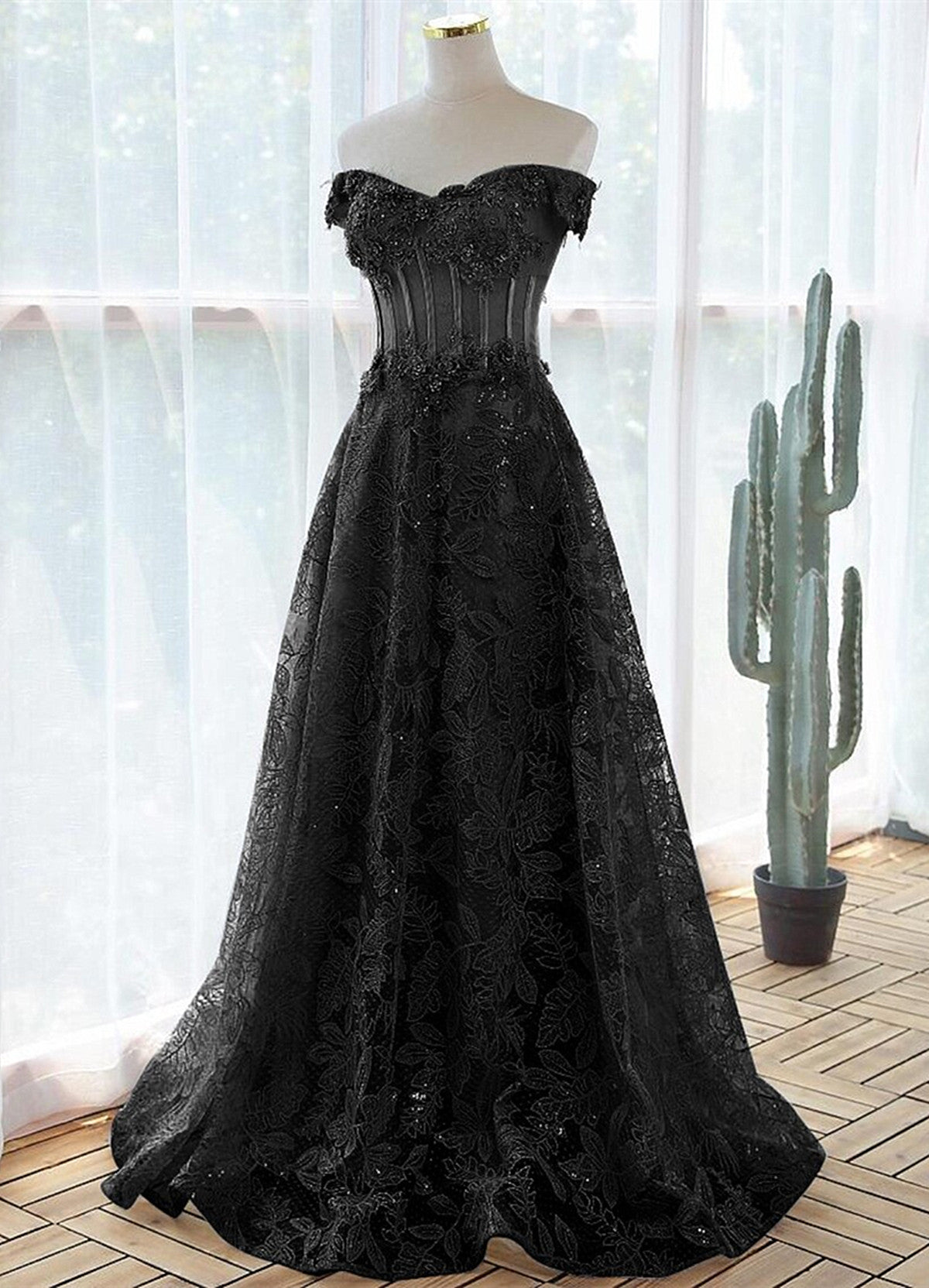 Black A-line Lace Off Shoulder Tulle with Lace Prom Dress, Black Long Evening Dress