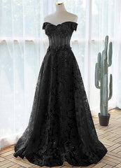 Black A-line Lace Off Shoulder Tulle with Lace Prom Dress, Black Long Evening Dress