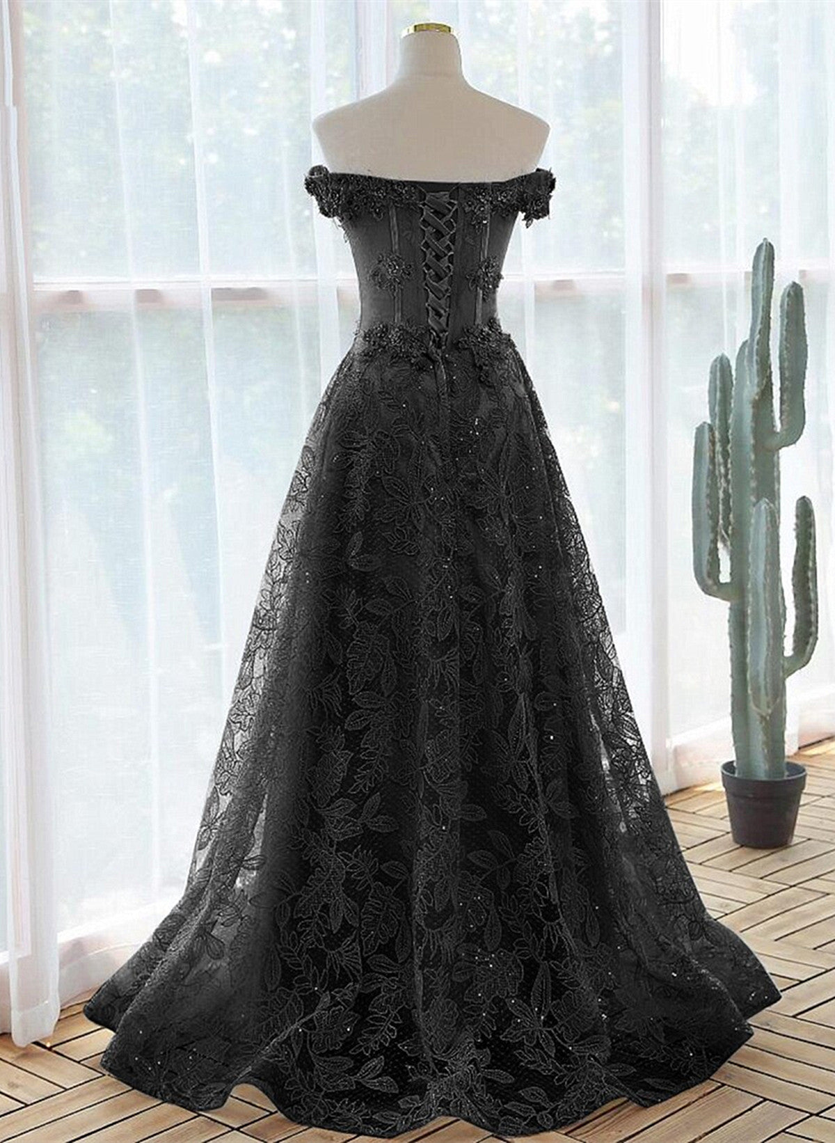 Black A-line Lace Off Shoulder Tulle with Lace Prom Dress, Black Long Evening Dress