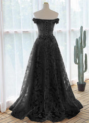 Black A-line Lace Off Shoulder Tulle with Lace Prom Dress, Black Long Evening Dress