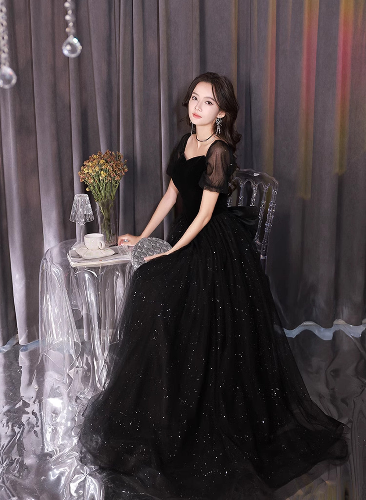 A-line Black Tulle and Velvet Short Sleeves Prom Dress, Black Evening Dress