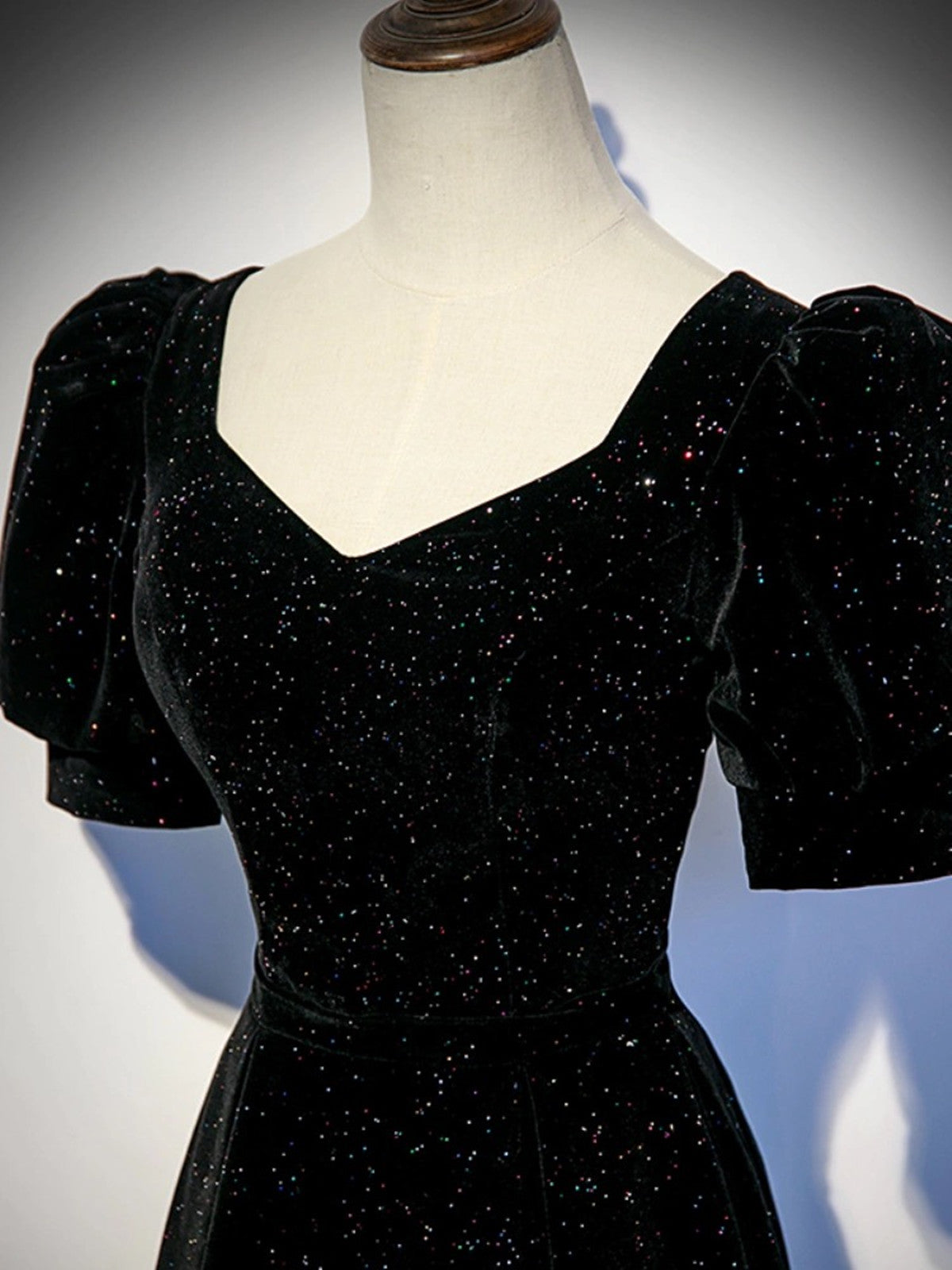 A-line Black Shiny Velvet Short Sleeves Prom Dress, Black Bridesmaid Dress