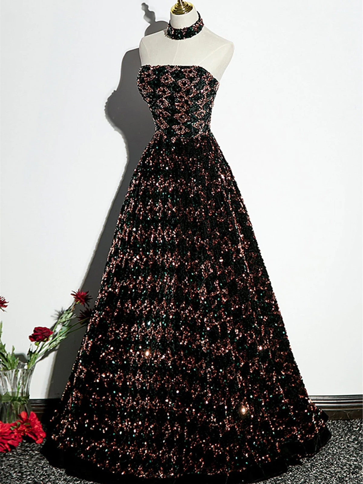 A-line Sequins Stylish A-Line Prom Dress, Shiny Strapless Evening Dress