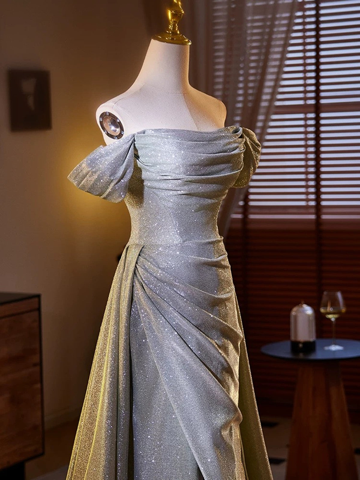 A-line Sliver Grey Off Shoulder Long Prom Dress, Sliver Grey Party Dress with Leg Slit