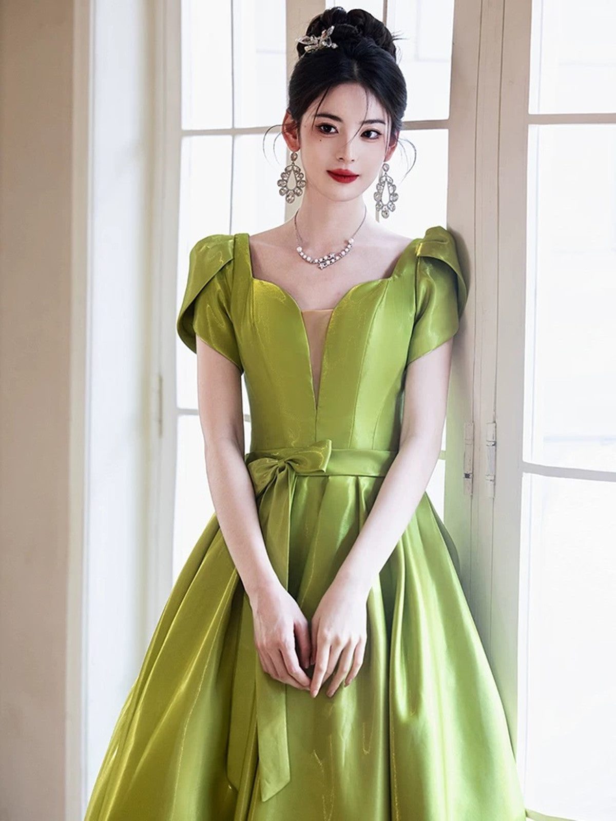 A-line Green Satin Simple Short Sleeves Party Dress, Green Satin Prom Dress