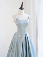 A-line Blue Satin Beaded Straps Long Formal Dress, Blue Satin Lace-up Prom Dress