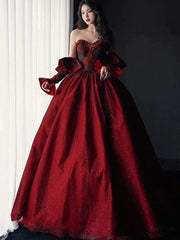 Black and Red Long Sleeves Party Dress Evening Dress, Black Wedding Party Dress