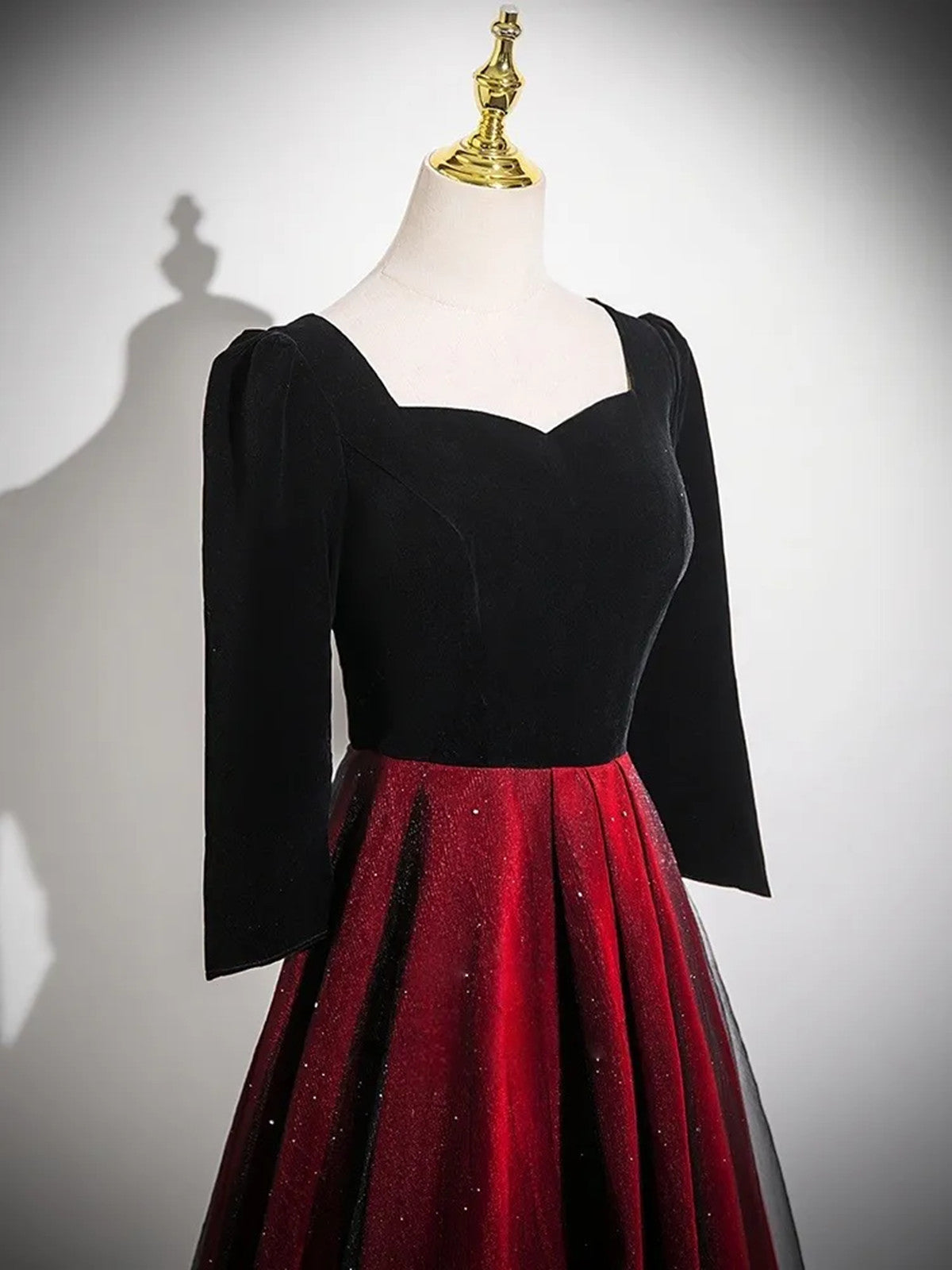 A-line Black and Red Velvet Long Party Dress, Long Sleeves Gothic Prom Dress